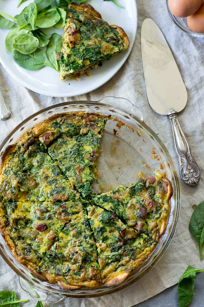 Paleo & Whole30 Spinach Quiche with Bacon Mushrooms and Onions
