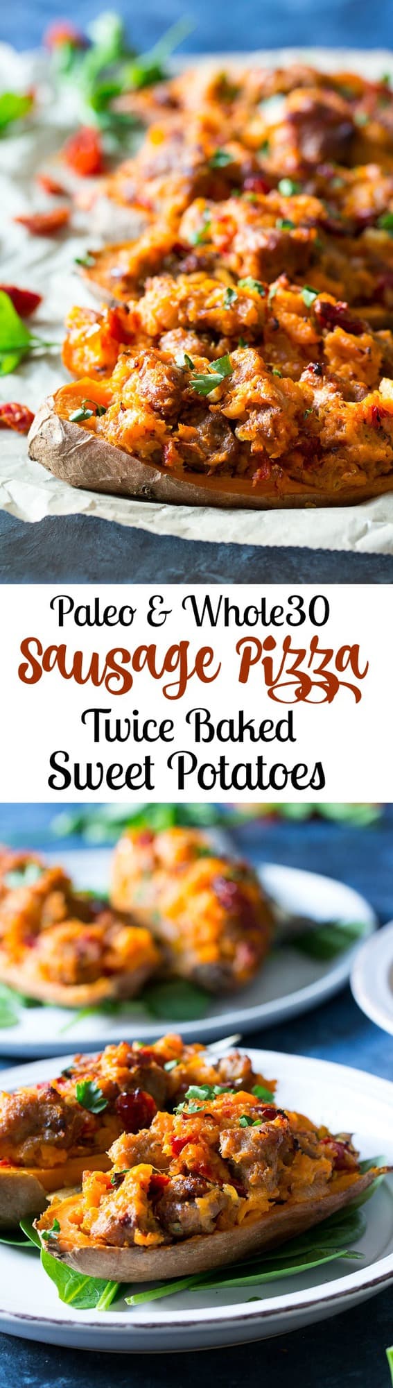 These are the ultimate Paleo and Whole30 Twice Baked Sweet Potatoes! With an addicting filling that tastes just like sausage pizza, they're a great weeknight dinner (do the first baking ahead of time), healthy, filling, and kid friendly.