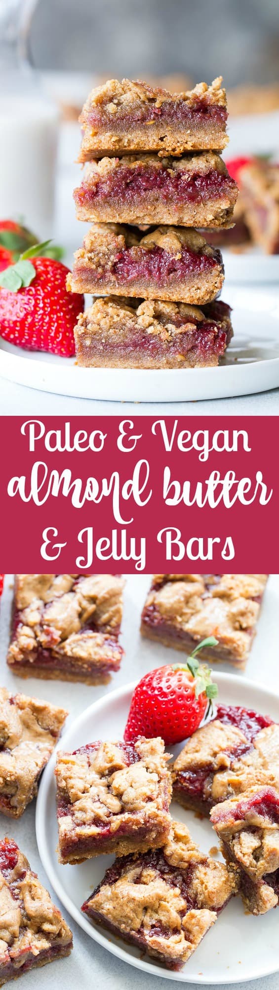 These gooey, sweet, and perfectly chewy Almond Butter and Jelly Cookie Bars are a great treat to have around for a heathy snack or dessert. They're paleo, vegan, gluten-free, easy to make and total comfort food!