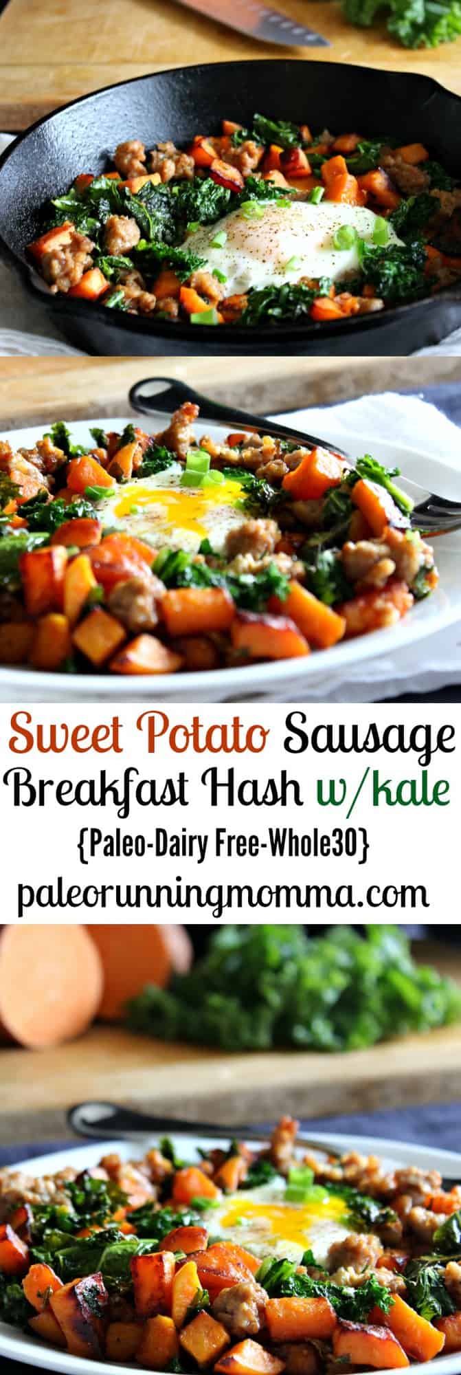 Easy and healthy Sweet Potato Sausage Breakfast Hash with Kale - Paleo, dairy free, whole30 and sugar detox friendly! Simple and delicious, great for any meal