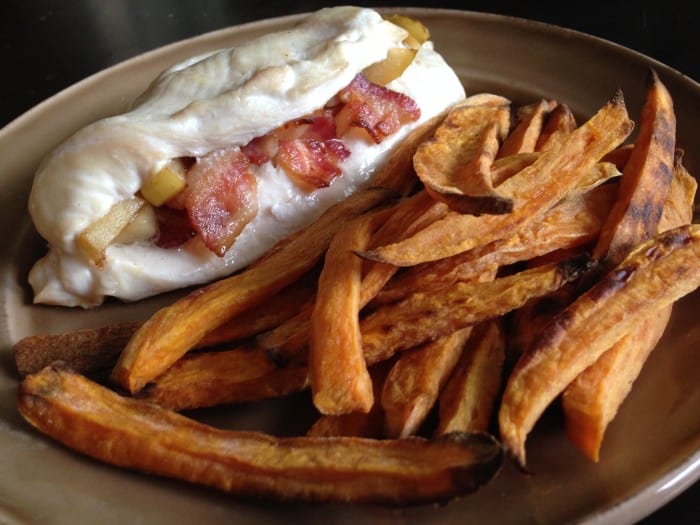 apple bacon stuffed chicken with baked sweet potato fries