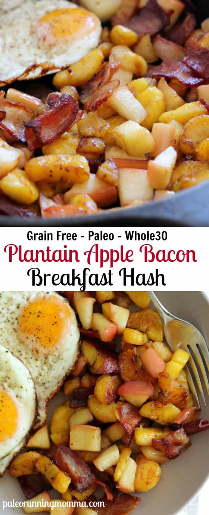 Sweet Plantain Apple Bacon Breakfast hash - With fried Eggs - #paleo #grainfree #glutenfree #whole30 #dairyfree