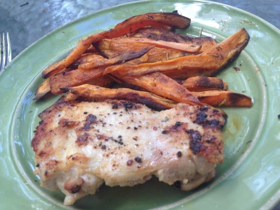 garlicky chicken thighs with rosemary thyme sweet potato fries