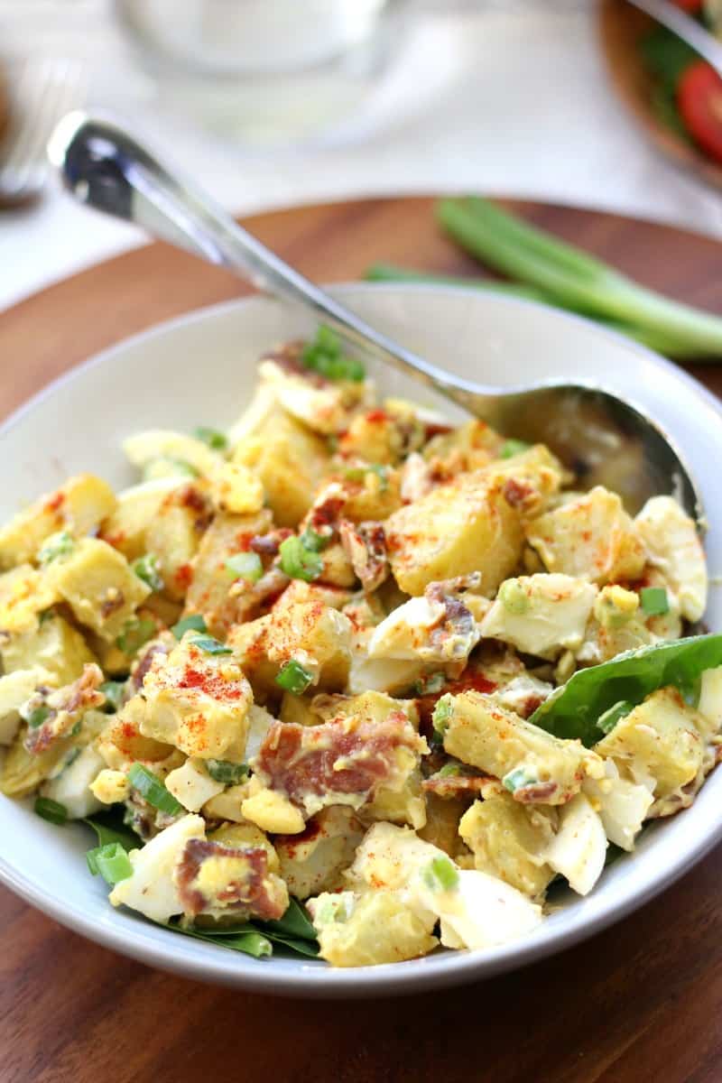 Paleo Sweet potato salad with bacon, green onion, eggs, and paleo mayo