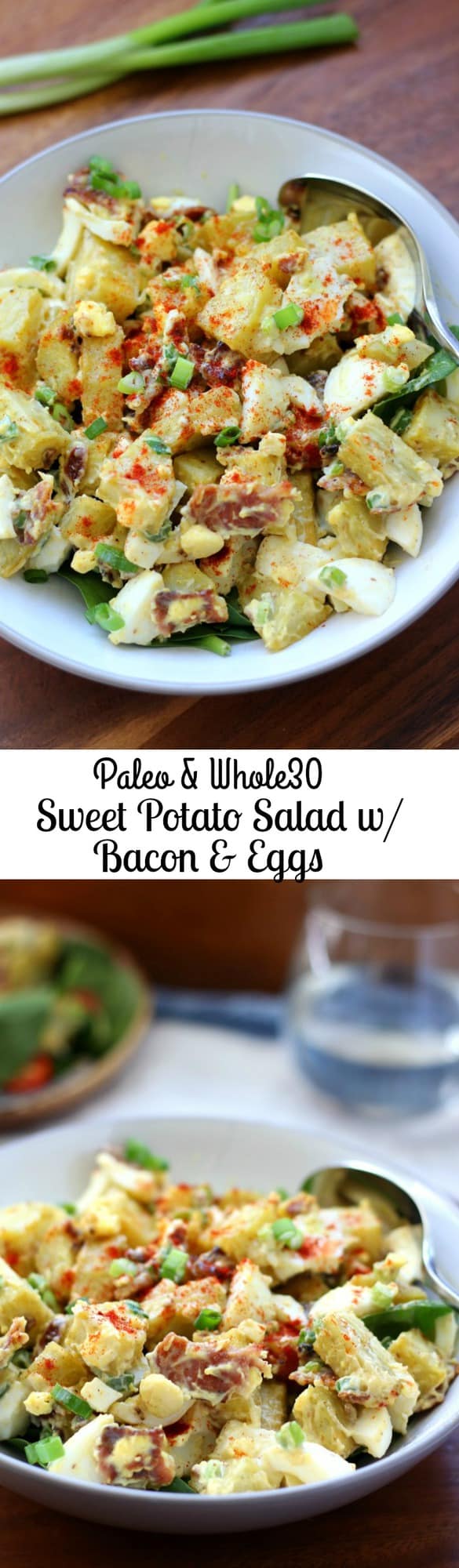 Paleo & Whole30 Sweet Potato Salad with Bacon, Eggs, Green onion and Paleo mayo. Japanese or white sweet potatoes preferable!