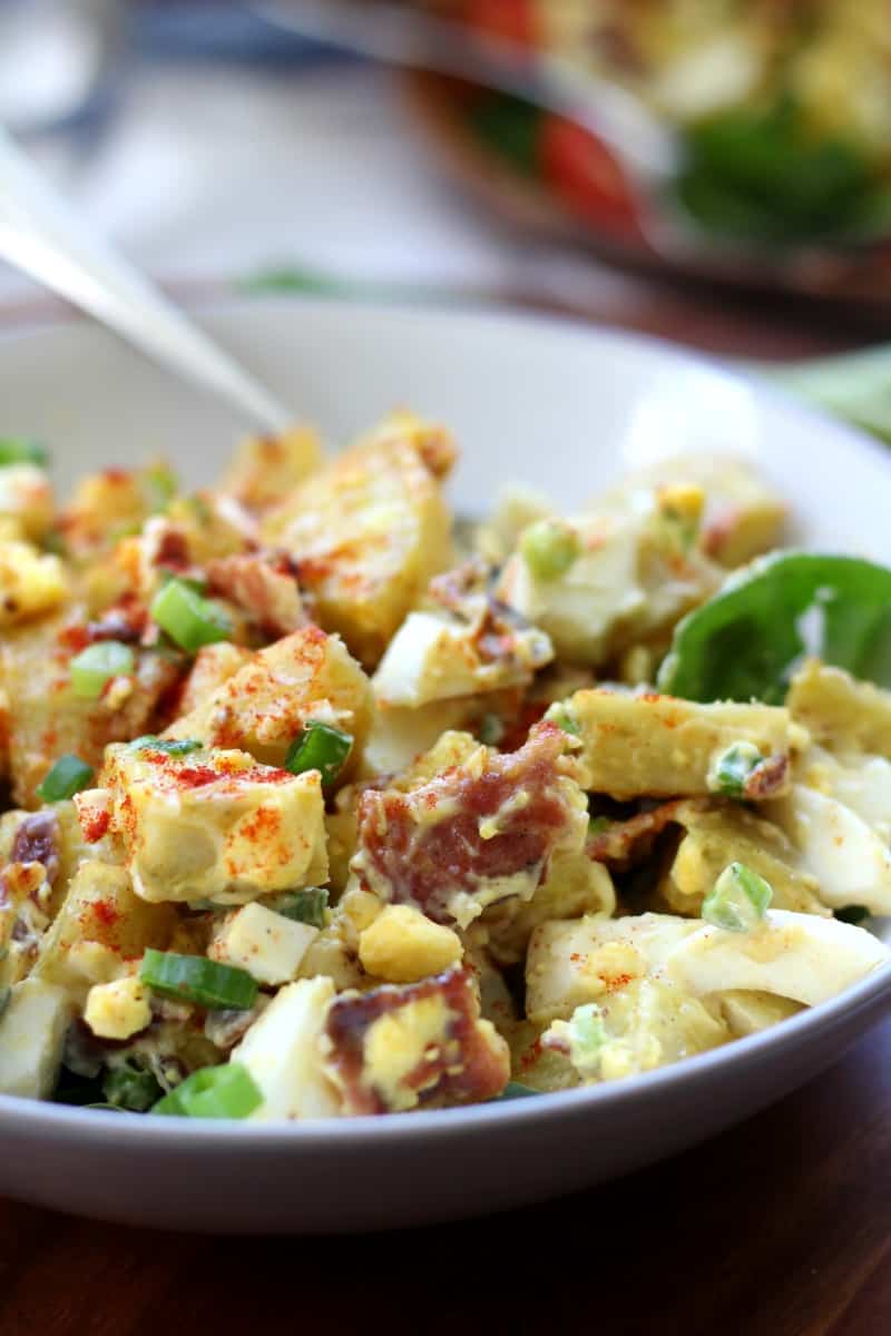 Paleo sweet potato salad with eggs, bacon, green onion, paleo mayo