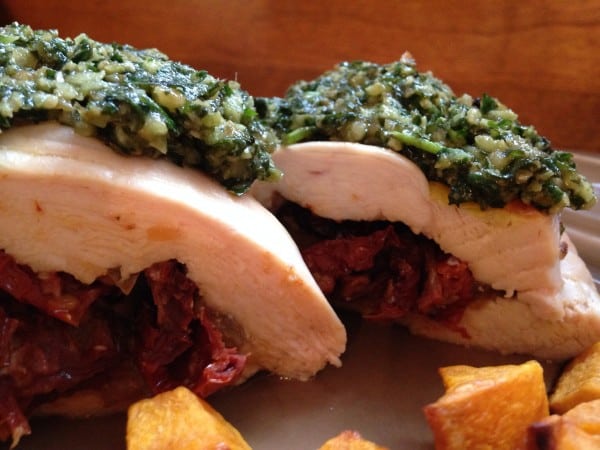 sundried tomato onion stuffed chicken with walnut pesto