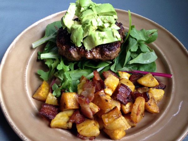 chili spiced burgers with roasted sweet plantains and bacon