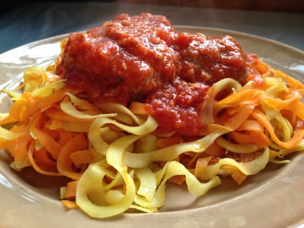 Italian Style Meatballs Over Garlic-Onion Sweet Potato Noodles