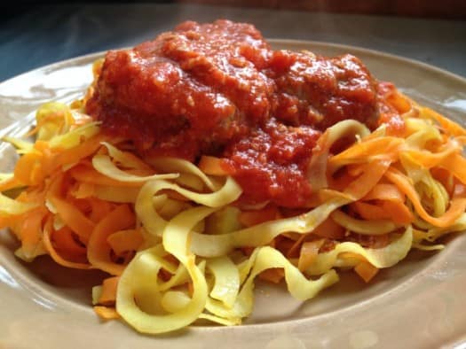 Italian meatballs over sweet potato noodles