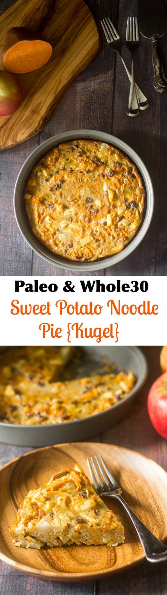 Paleo Noodle Kugel made with spiralized sweet potatoes, apples, pears raisins and sweet fall spices! Grain free, Paleo, Whole30 friendly, comforting and delicious!