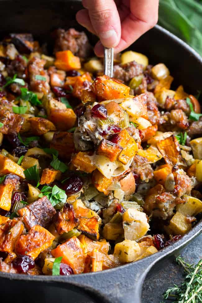 Paleo Butternut Sausage Stuffing with Apples & Cranberries