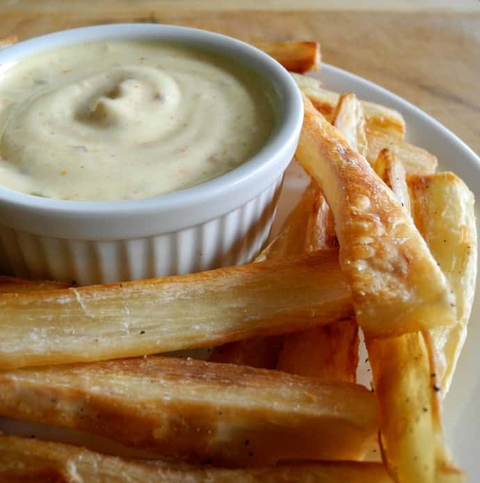 Crispy Baked Cassava fries with paleo zesty ranch dip