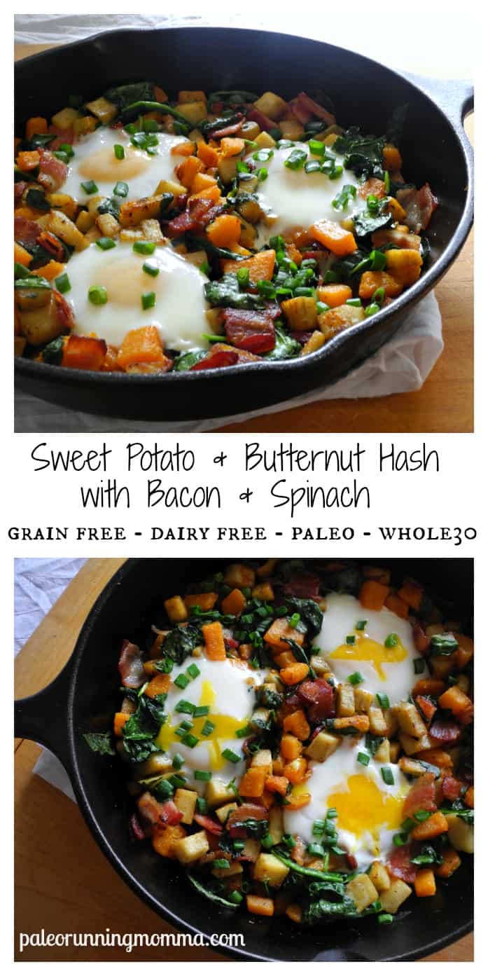 Sweet Potato & Butternut Hash with Bacon & Spinach #paleo #whole30 @paleorunmomma