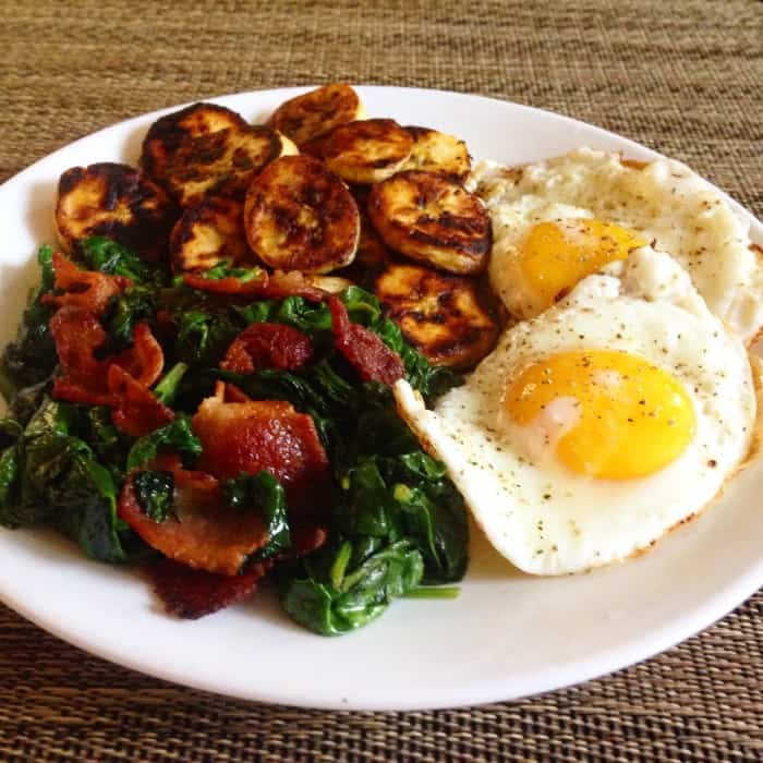 Bacon, spinach, sweet plantains, eggs