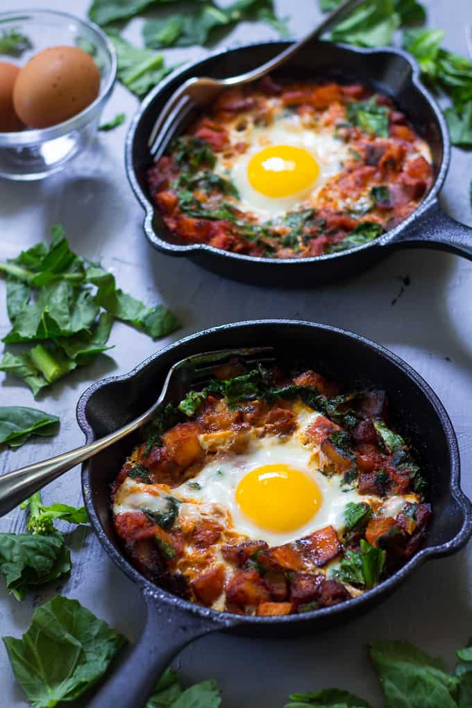 Chorizo Butternut Pizza Hash with Baked Eggs 