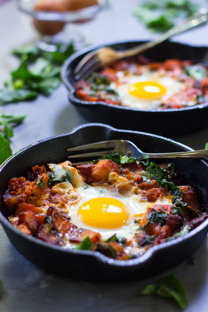 chorizo butternut pizza hash with baked eggs {paleo}