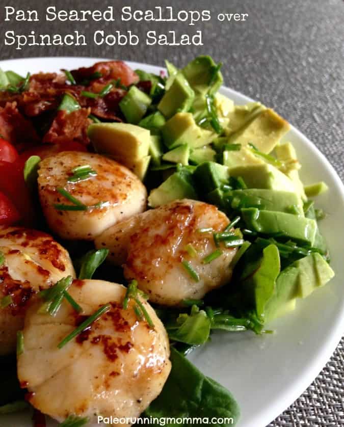 Pan seared scallops over spinach cobb salad - paleo