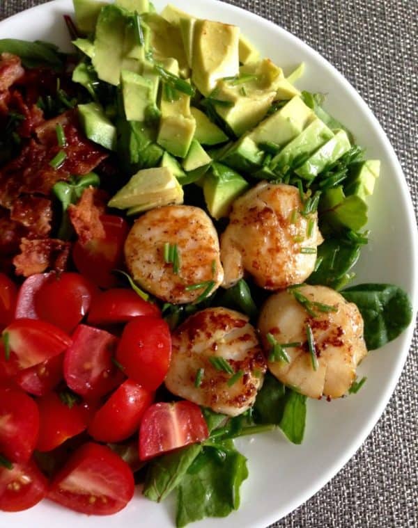 Pan Seared Scallops Over Spinach Cobb Salad