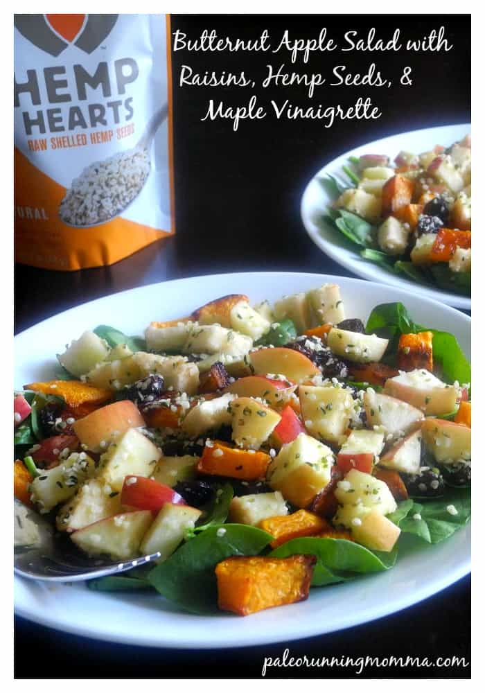 Butternut Apple Salad in a bowl with a bag of Hemp Hearts in the background