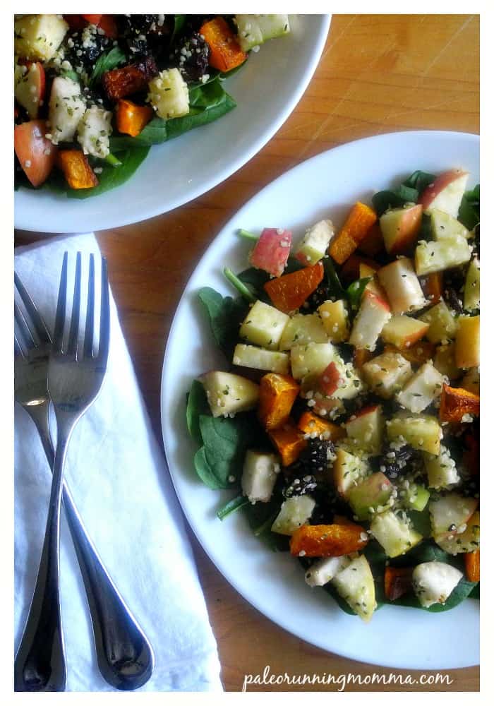 Butternut Apple Spinach Salad with Raisins, Hemp Hearts & Maple Vinaigrette