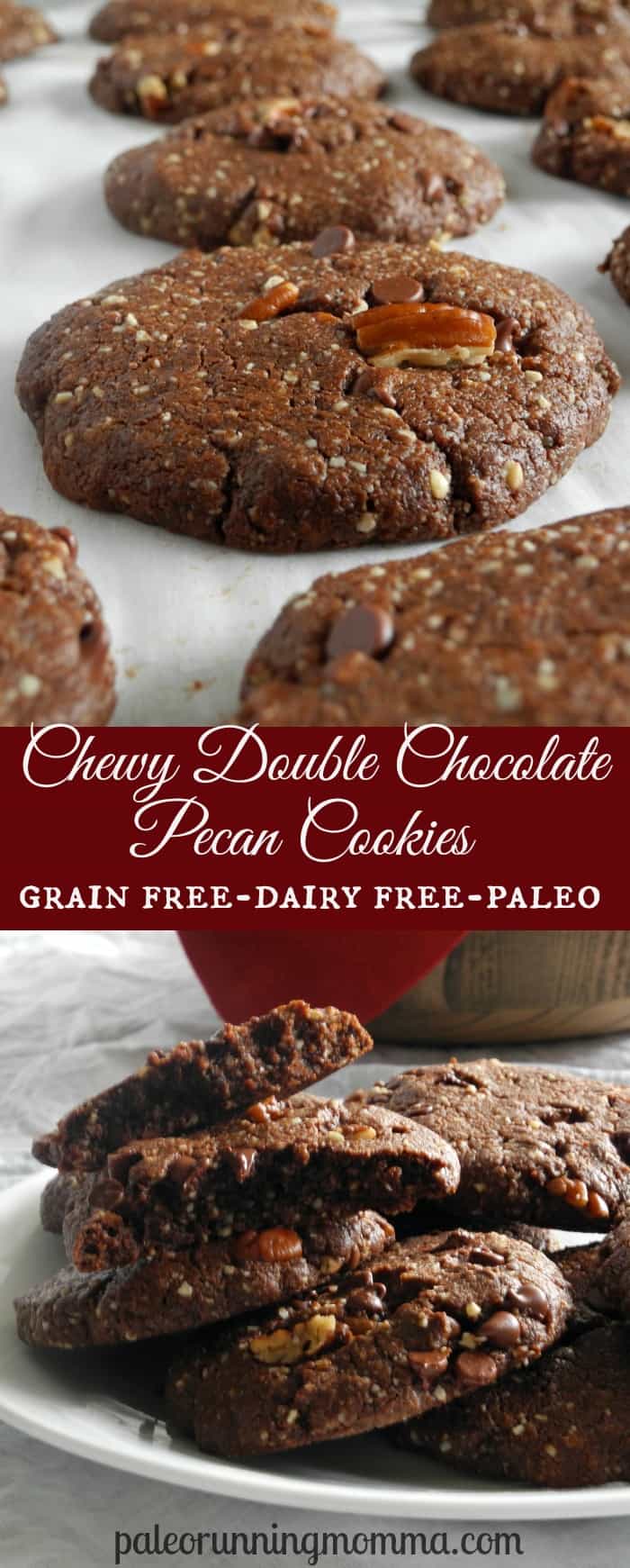 Chewy Double Chocolate Pecan Cookies #grainfree #dairyfree #paleo @paleorunmomma