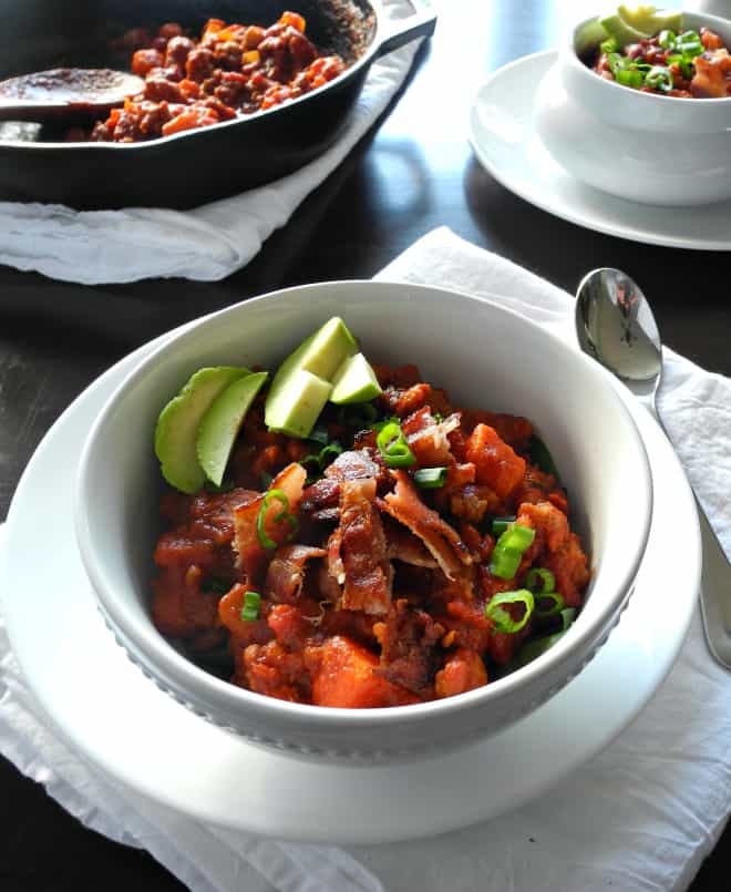 Chorizo Sausage Sweet Potato Chili with Bacon - paleorunningmomma.com