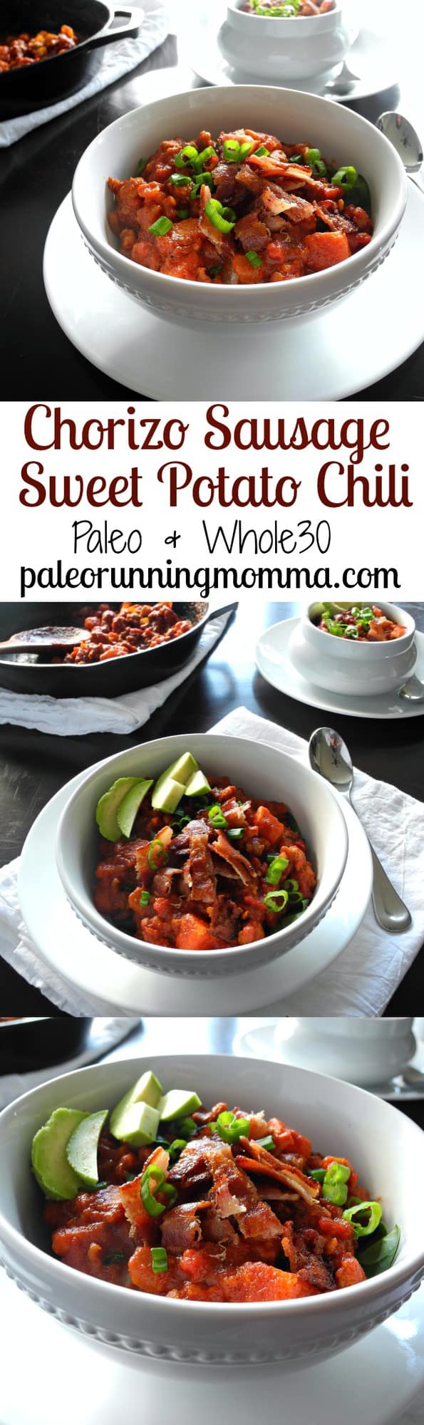 Chorizo Sweet Potato Chili with bacon - Paleo, Whole30 friendly hearty, chunky chili with tons of flavor, ready in 30 minutes!