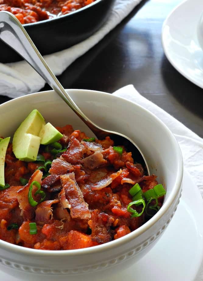 Chunky Chorizo Sausage Sweet Potato Chili with bacon - paleorunningmomma.com