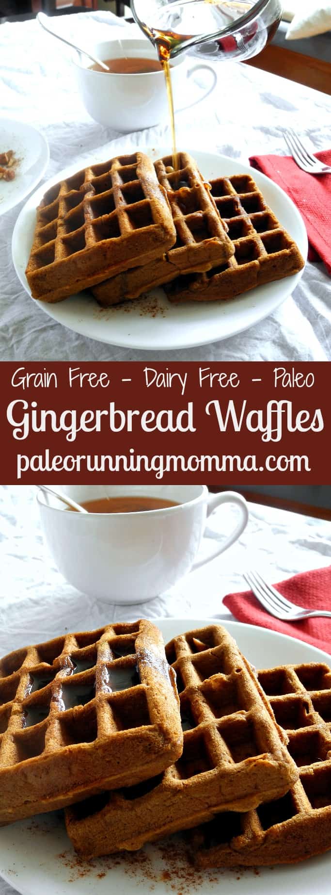 Grain Free, Dairy Free, Paleo Gingerbread Waffles @paleorunmomma - These waffles are made with coconut and tapioca flour, sweetened with molasses and spiced with cinnamon, ginger and cloves