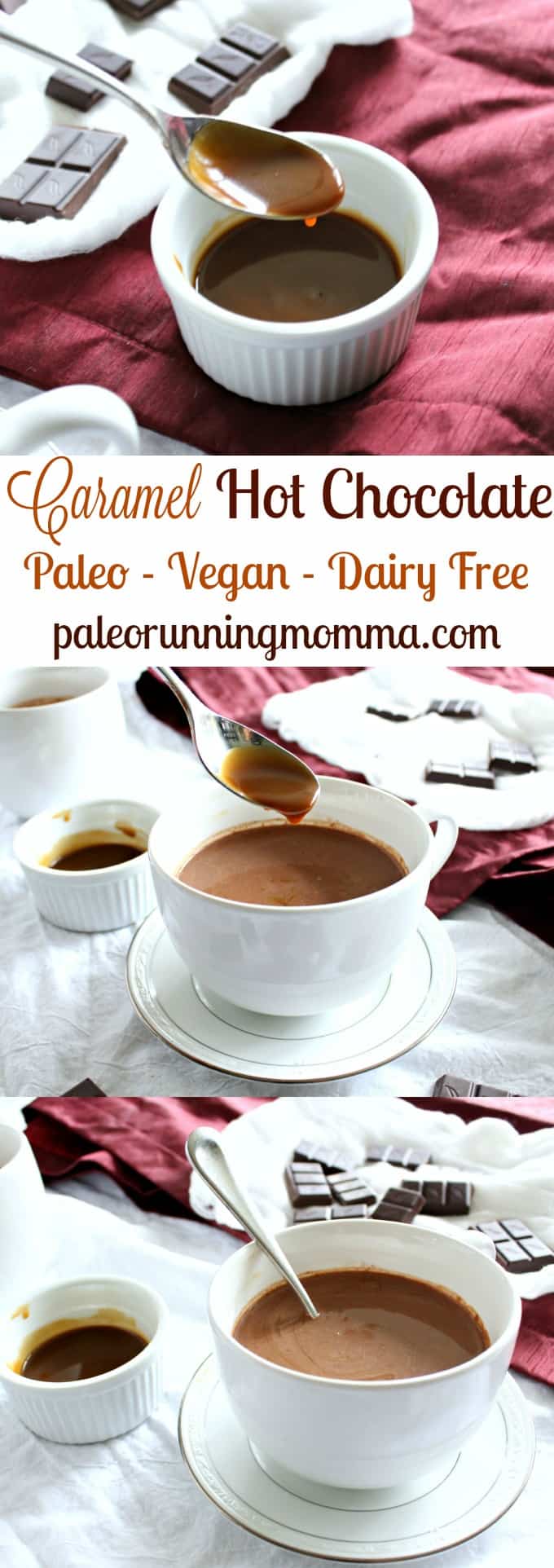 Caramel Hot Chocolate - Paleo, vegan, dairy free! Rich and creamy almond milk hot chocolate swirled with easy dairy free caramel sauce