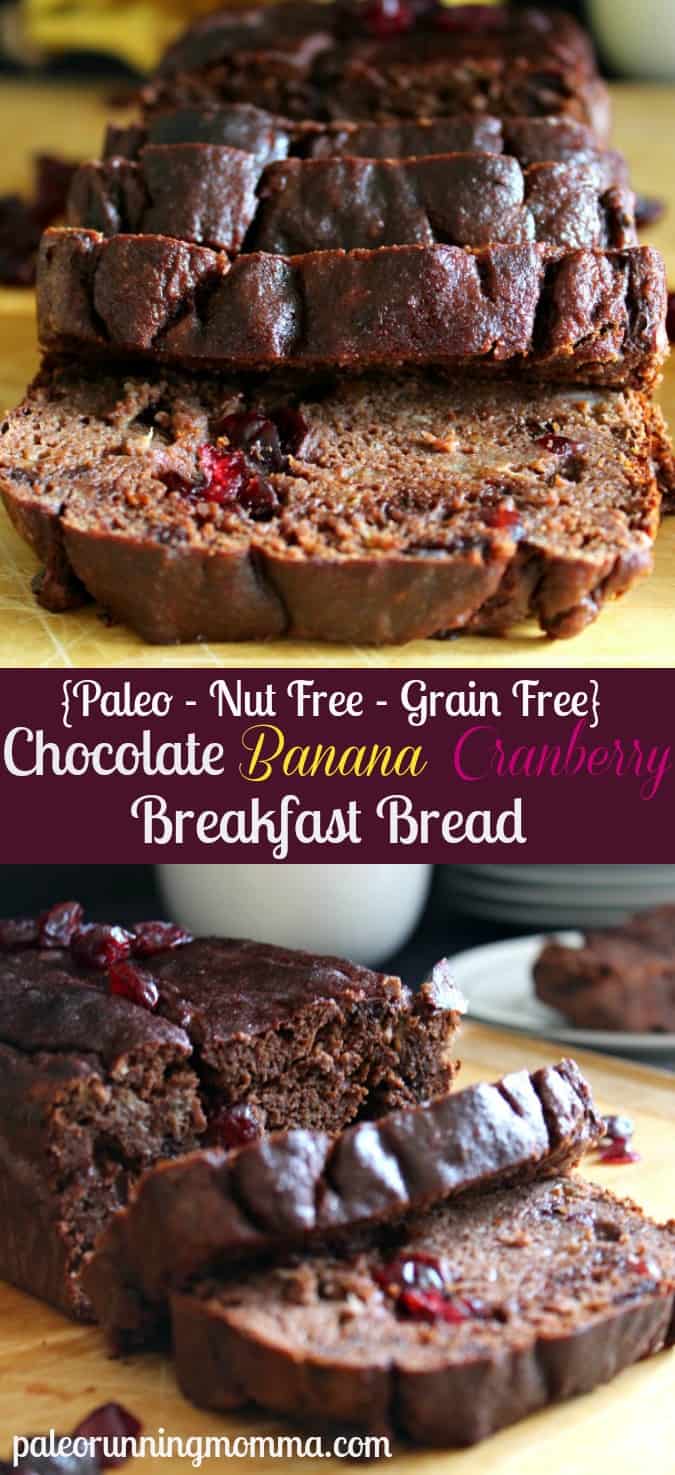 Chocolate Banana Cranberry Breakfast Bread - #paleo #nutfree #grainfree