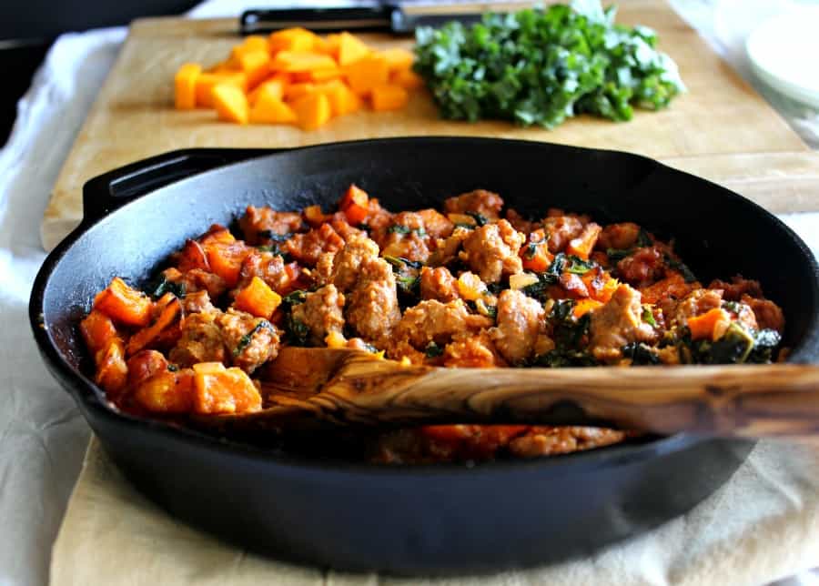 Creamy butternut Italian sausage bake with kale and tomato cream sauce