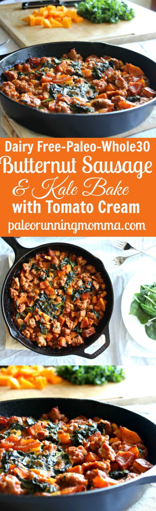 Dairy free, gluten free, paleo and whole30 friendly, this Butternut, Sausage, and Kale bake has a creamy tomato sauce that makes for a hearty, savory and irresistible one pot meal