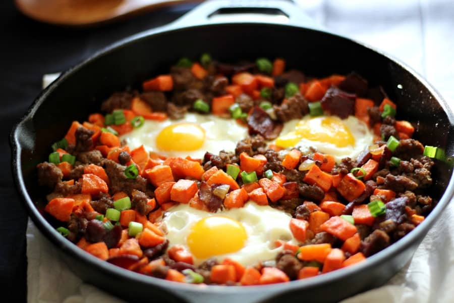 Paleo beef and roasted carrot hash with bacon