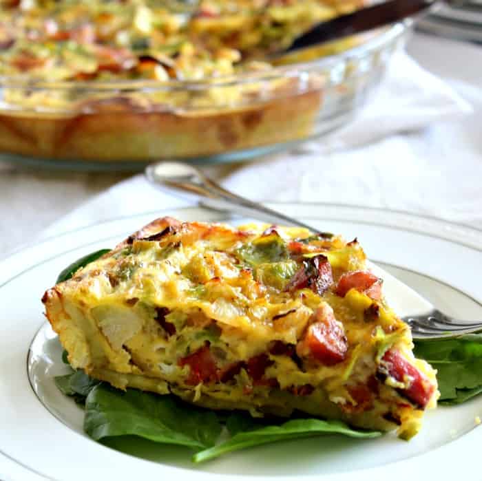 Sweet Potato Crusted Quiche with bacon, brussels, sausage #paleo