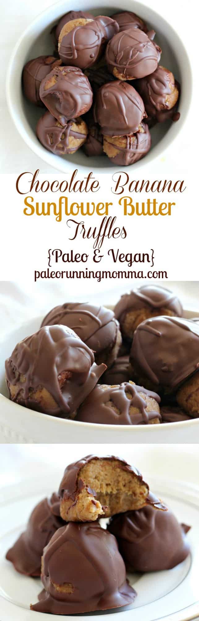 Chocolate Banana Sunflower Butter Truffles - Dark chocolate dipped no-bake #paleo and #vegan truffles made with creamy sunflower butter and ripe bananas #glutenfree #grainfree #dairyfree