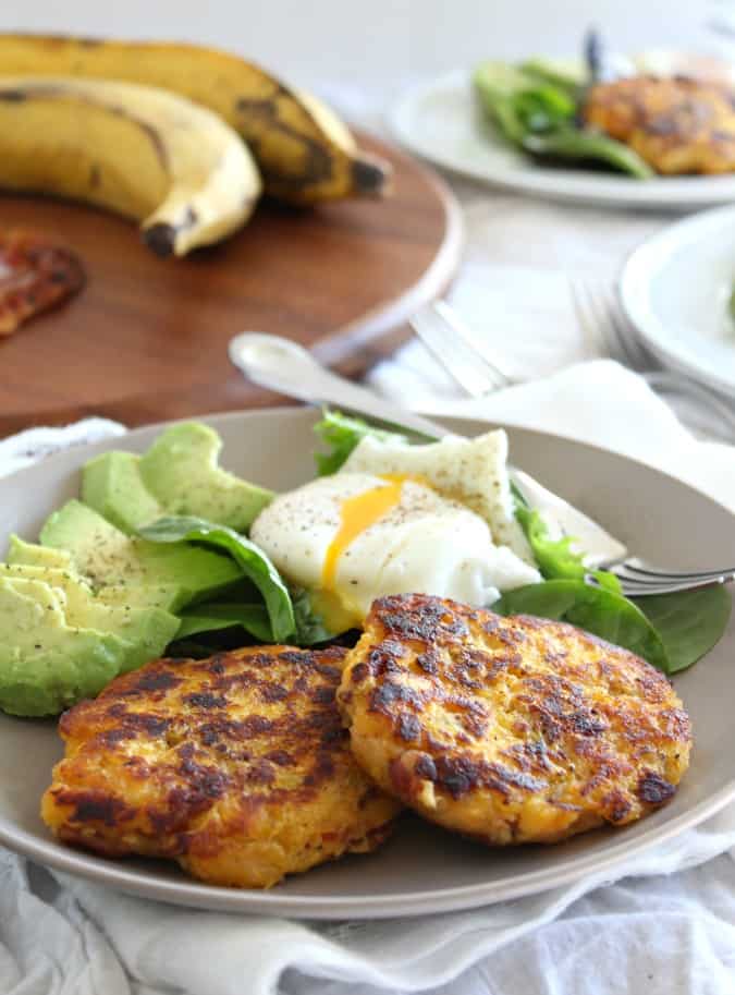 plantain bacon fritters with avocado and poached egg {paleo & whole30}