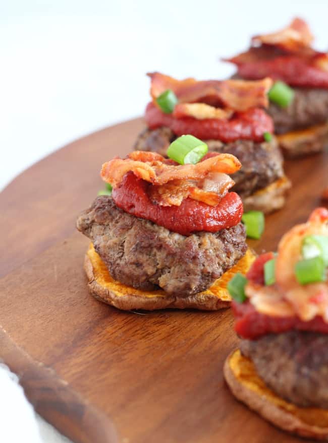 Sweet Potato Bacon Sliders with Maple Chipotle ketchup - paleo