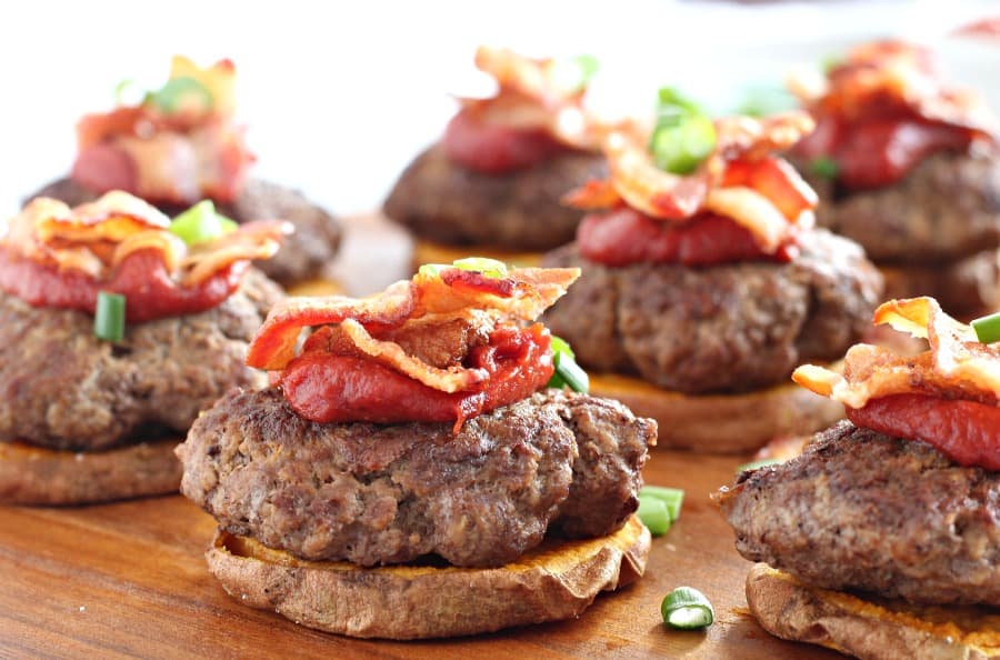 Sweet Potato Sliders with bacon and maple chipotle ketchup