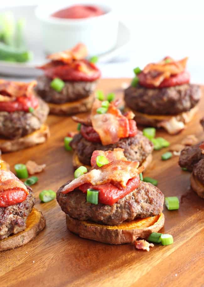 Sweet potato bacon burger bites with maple chipotle