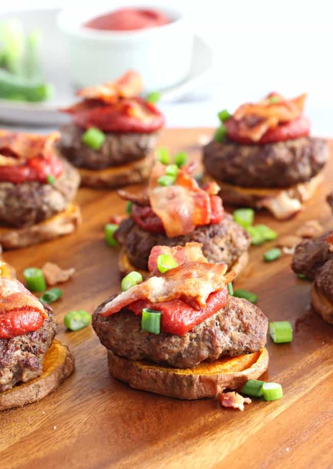 Sweet Potato Bacon Burger Bites with Maple Chipotle {Paleo}