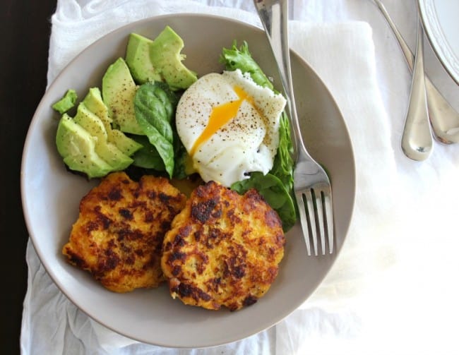 plantain bacon fritters with avocado and poached egg (whole30 and paleo)