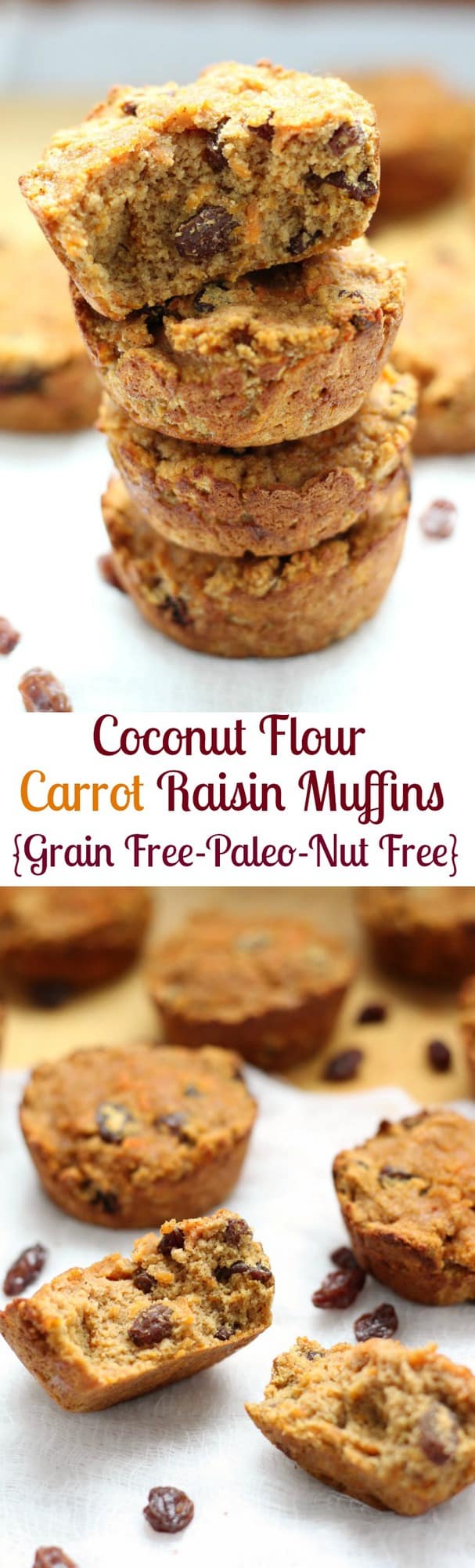 Coconut flour Carrot Raisin Muffins that are grain free, gluten free, paleo and nut free