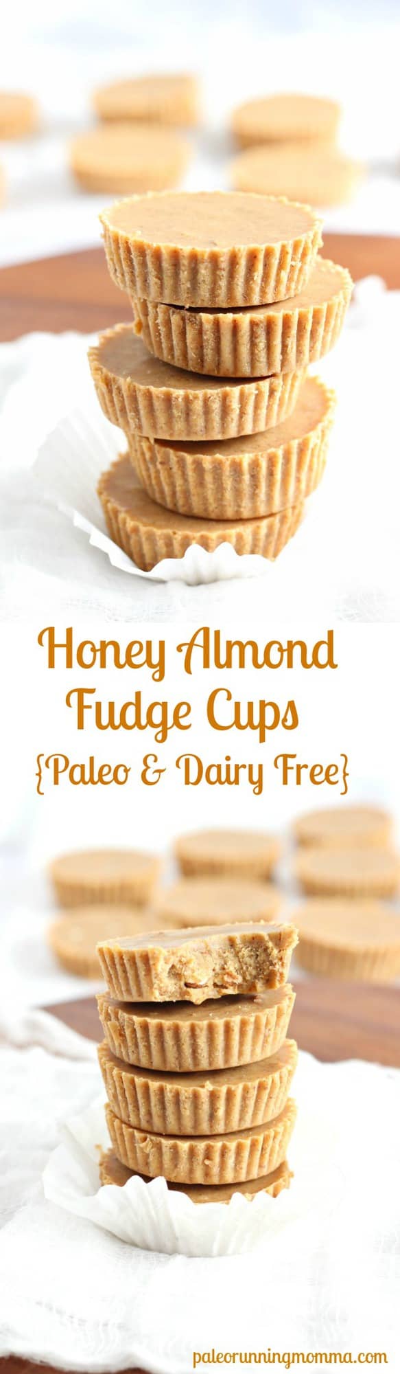 Healthy and super easy 5 ingredient, no cook Honey Almond Fudge Cups! Gluten free, Paleo, dairy free, seriously amazing treat that you won't believe is actually healthy! paleorunningmomma.com