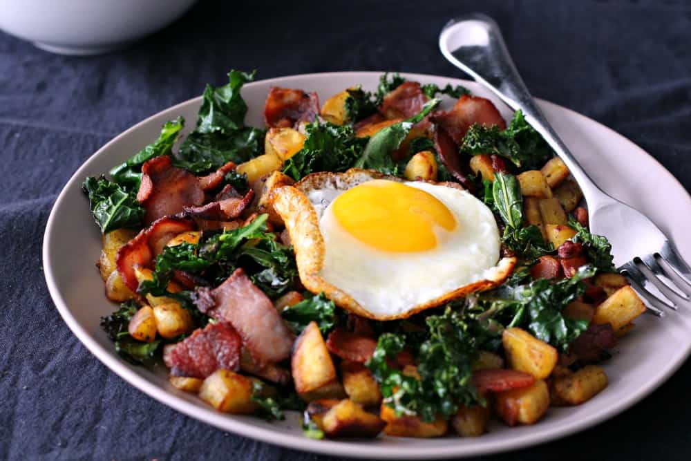 Paleo Plantain Bacon Kale hash for one