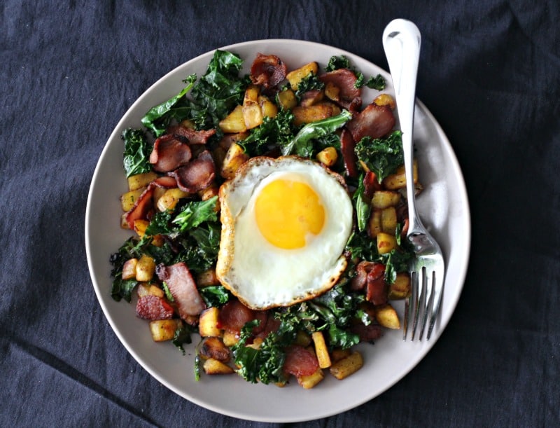 Plantain Bacon kale hash for one - paleo
