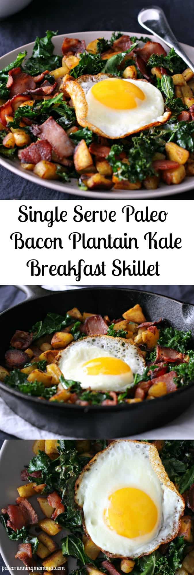 Single Serve Paleo Bacon Plantain Kale Breakfast Skillet - #whole30 #grainfree #paleo - easy, quick, 3 ingredients plus an egg!