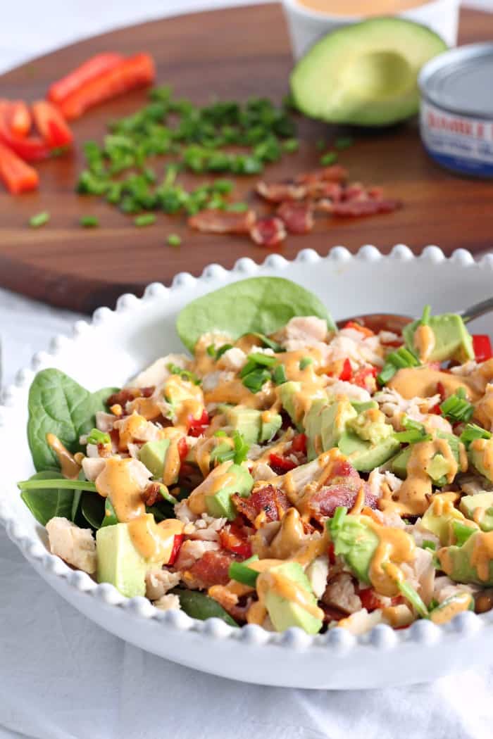 Tuna avocado bacon salad with chipotle aioli