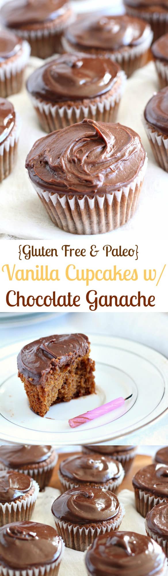 Vanilla Cupcakes with Chocolate Ganache icing that are perfectly moist, sweet, rich, and decadent! They're Gluten free, grain free, dairy free, and Paleo | paleorunningmomma.com